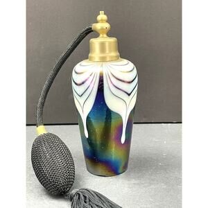 Vintage Iridescent Glass Perfume Bottle w Atomizer Spray Bulb Black Tassel Empty